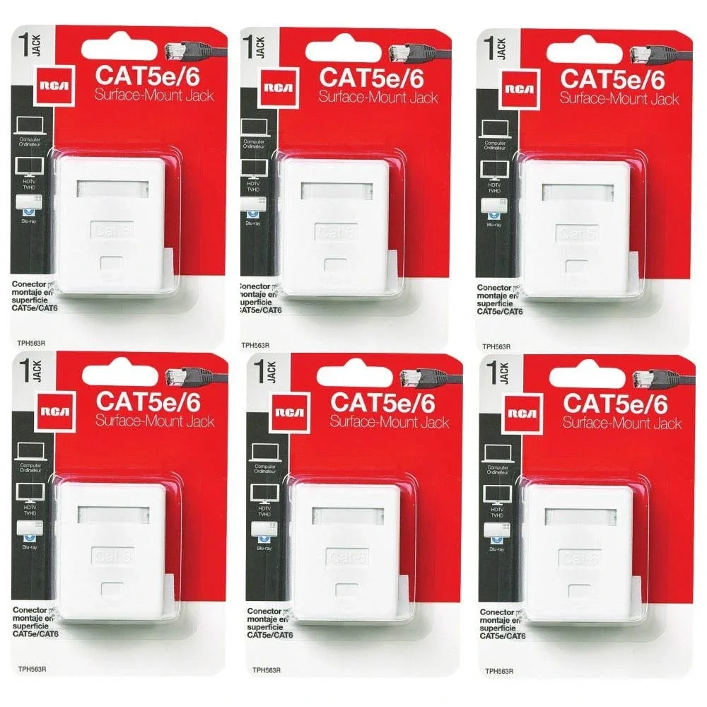 6 x RCA White Surface Mount Jack, Plastic CAT 5E/6 Wall Jack, TPH563R -Free Ship